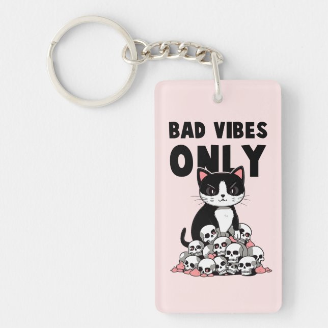 Bad Vibes Only – Cat & Skulls Key Ring (Front)