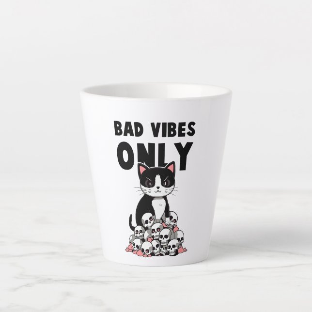 Bad Vibes Only – Cat & Skulls Latte Mug (Front)