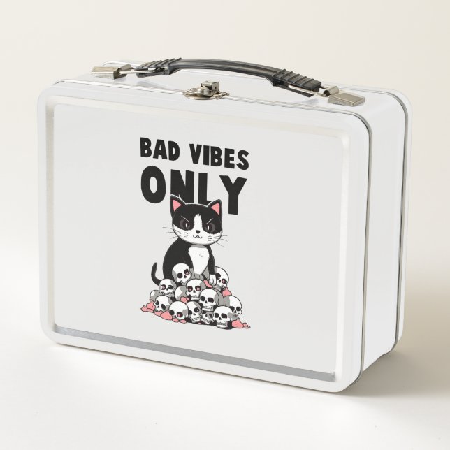 Bad Vibes Only – Cat & Skulls Metal Lunch Box (Front)