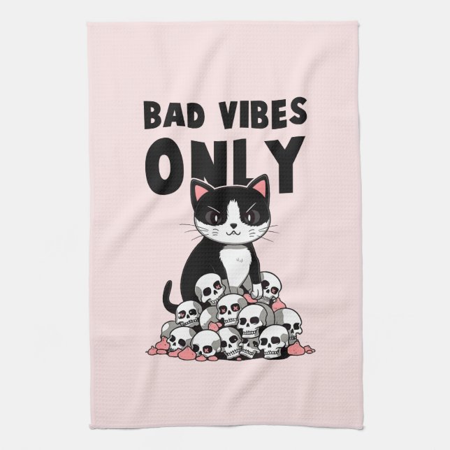 Bad Vibes Only – Cat & Skulls Tea Towel (Vertical)