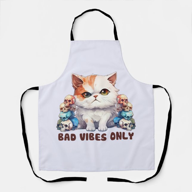Bad Vibes Only – Fierce Cat & Skulls Gothic Design Apron (Front)
