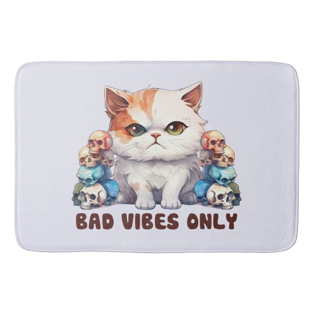 Bad Vibes Only – Fierce Cat & Skulls Gothic Design Bath Mat (Front)