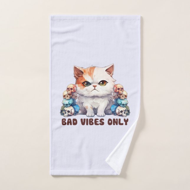 Bad Vibes Only – Fierce Cat & Skulls Gothic Design Bath Towel Set (Hand Towel)