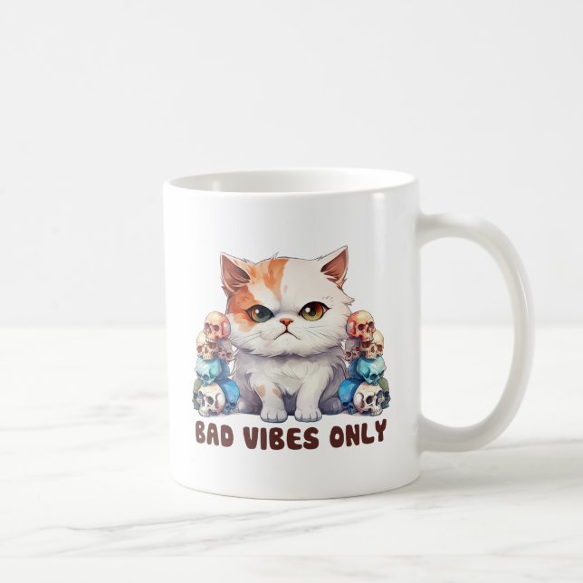 Bad Vibes Only – Fierce Cat & Skulls Gothic Design Coffee Mug (Right)