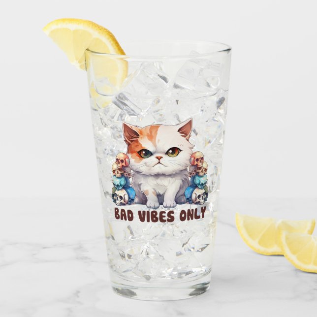 Bad Vibes Only – Fierce Cat & Skulls Gothic Design Glass (Front Ice)