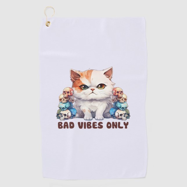 Bad Vibes Only – Fierce Cat & Skulls Gothic Design Golf Towel (Front)