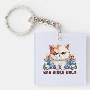 Bad Vibes Only – Fierce Cat & Skulls Gothic Design Key Ring
