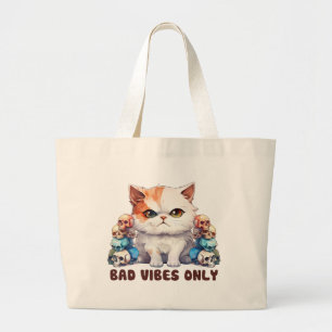 Bad Vibes Only – Fierce Cat & Skulls Gothic Design Large Tote Bag