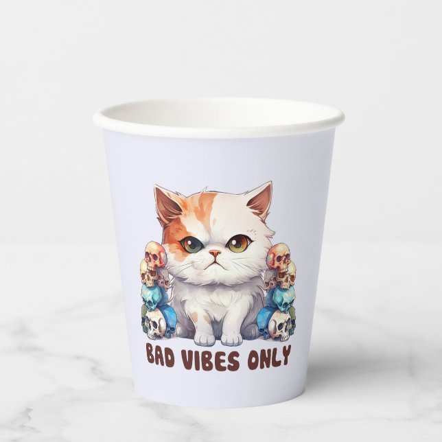 Bad Vibes Only – Fierce Cat & Skulls Gothic Design Paper Cups (Front)