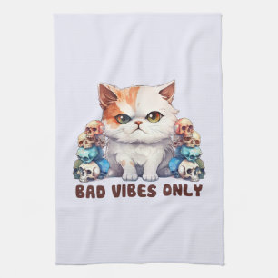 Bad Vibes Only – Fierce Cat & Skulls Gothic Design Tea Towel