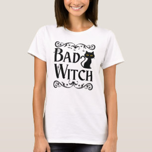 Bad Witch Black Cat Black and White Halloween T-Shirt
