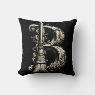 Bad Witch Witchy Broom Letter B Custom Initial Cushion