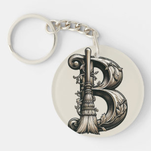 Bad Witch Witchy Broom Letter B Custom Initial  Key Ring