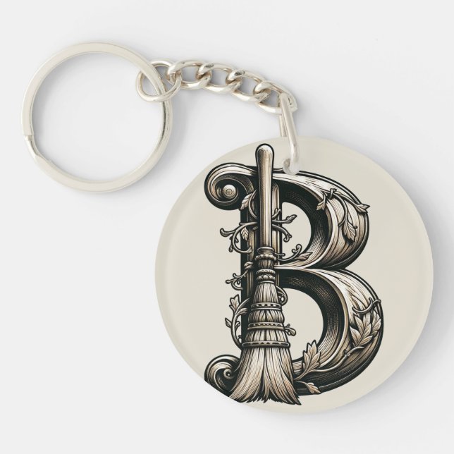 Bad Witch Witchy Broom Letter B Custom Initial  Key Ring (Front)