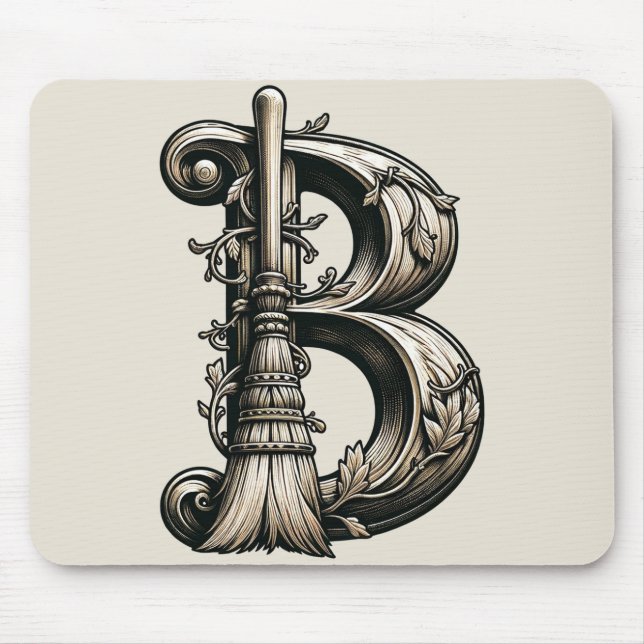 Bad Witch Witchy Broom Letter B Custom Initial  Mouse Pad (Front)