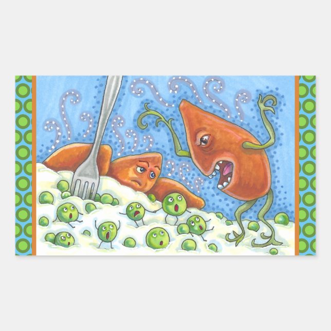 BAD YAM YELLING AT PEAS, FUNNY THANKSGIVING MEAL RECTANGULAR STICKER (Front)