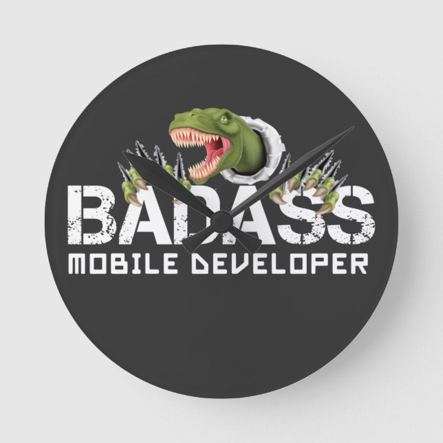 BADASS MOBILE DEVELOPER- T-REX MOBILE DEV FUN ROUND CLOCK (Front)