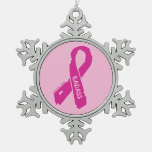 Badass/ torn ribbon...Breast Cancer Snowflake Pewter Christmas Ornament