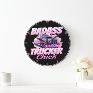 Badass Trucker Chick Pink Power Large Clock
