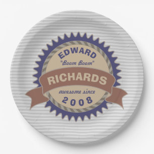 Badge Banner Monogram Brown Blue Logo Grey Stripes Paper Plate