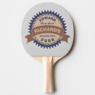 Badge Banner Monogram Brown Blue Logo Grey Stripes Ping Pong Paddle