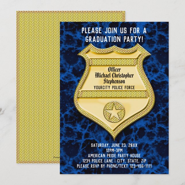 Badge Blue Marble Police Graduation Party Invitation (Front/Back)