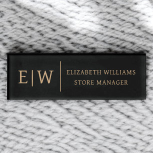 Badge Magnet Black Gold Monogram Employee Name Tag