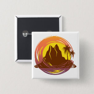 Badge with tropical volcano scenery and palm trees