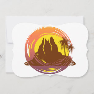 Badge with tropical volcano scenery and palm trees