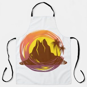 Badge with tropical volcano scenery and palm trees apron