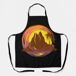 Badge with tropical volcano scenery and palm trees apron