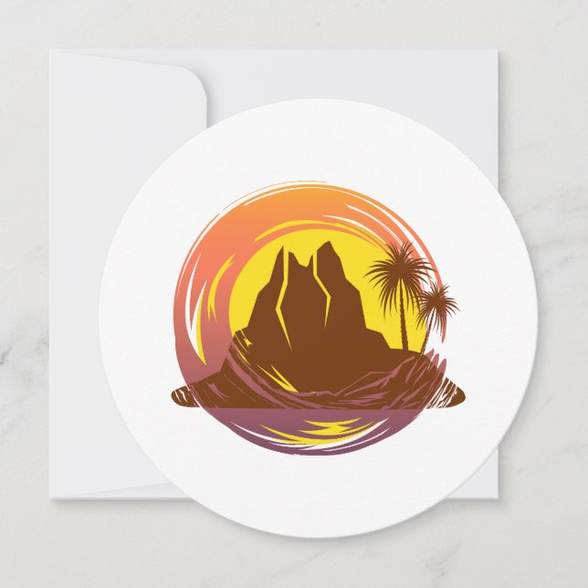 Badge with tropical volcano scenery and palm trees card (Front)
