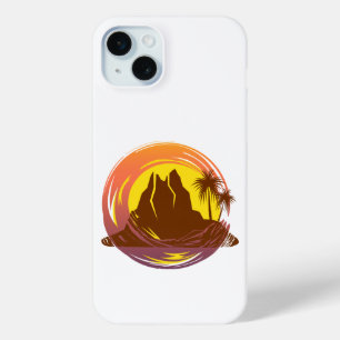 Badge with tropical volcano scenery and palm trees iPhone 15 mini case