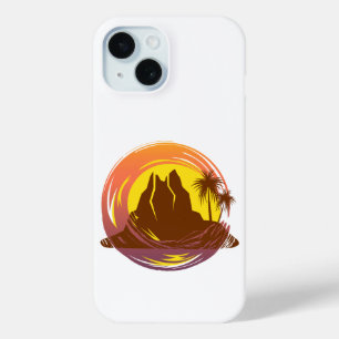 Badge with tropical volcano scenery and palm trees iPhone 15 case