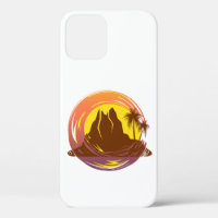 Badge with tropical volcano scenery and palm trees