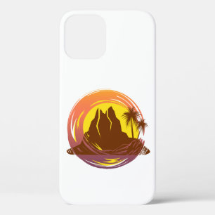 Badge with tropical volcano scenery and palm trees iPhone 12 pro case