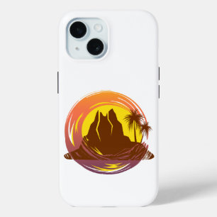 Badge with tropical volcano scenery and palm trees iPhone 15 case
