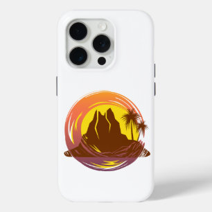 Badge with tropical volcano scenery and palm trees iPhone 15 pro case
