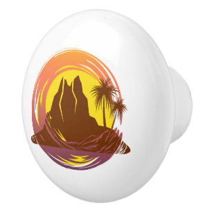 Badge with tropical volcano scenery and palm trees ceramic knob