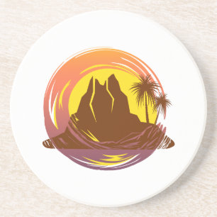 Badge with tropical volcano scenery and palm trees coaster