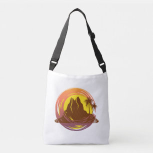 Badge with tropical volcano scenery and palm trees crossbody bag