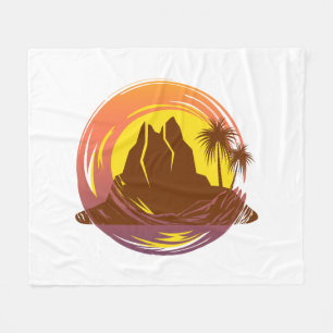 Badge with tropical volcano scenery and palm trees fleece blanket
