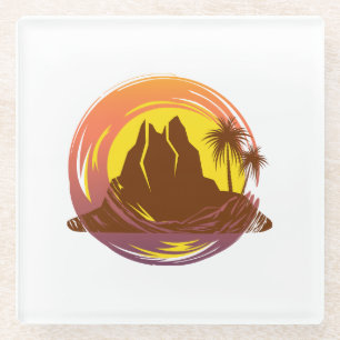 Badge with tropical volcano scenery and palm trees glass coaster