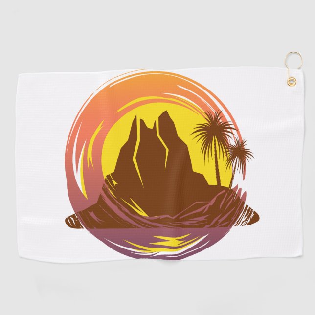 Badge with tropical volcano scenery and palm trees golf towel (Horizontal)