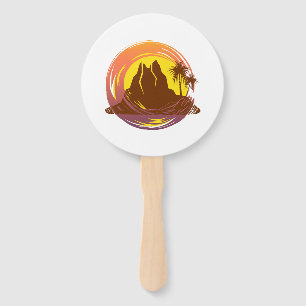 Badge with tropical volcano scenery and palm trees hand fan