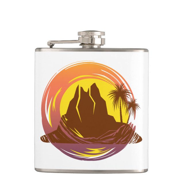 Badge with tropical volcano scenery and palm trees hip flask (Front)