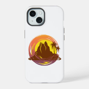 Badge with tropical volcano scenery and palm trees iPhone 15 case