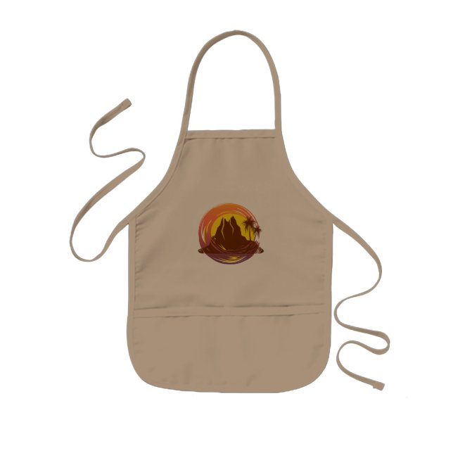 Badge with tropical volcano scenery and palm trees kids apron (Front)