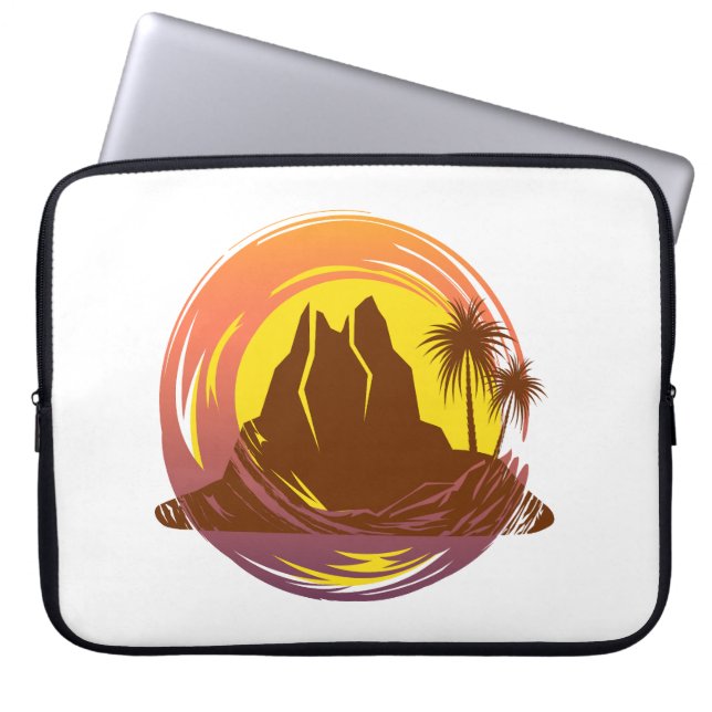 Badge with tropical volcano scenery and palm trees laptop sleeve (Front)