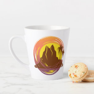 Badge with tropical volcano scenery and palm trees latte mug